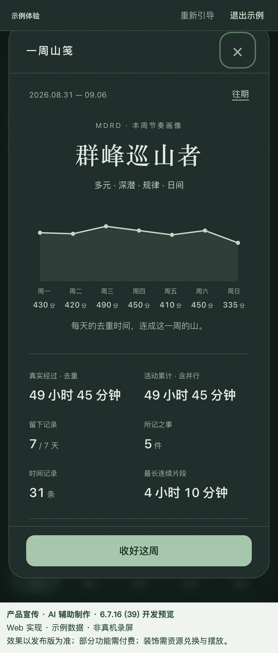 一周山笺:根据示例记录计算的投入时间和每日分布